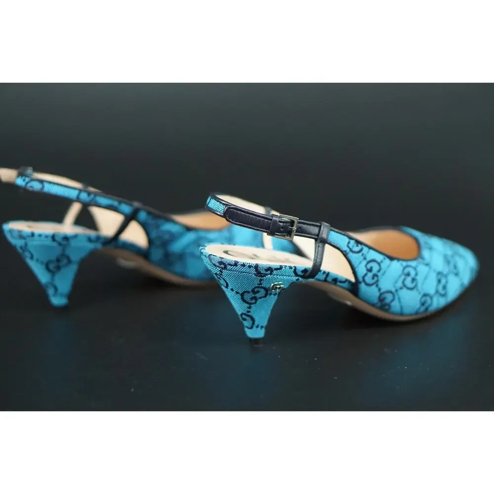 Gucci Charlotte Blue Canvas GG Strap Pointed Toe Slingback Pumps Size 37 $695